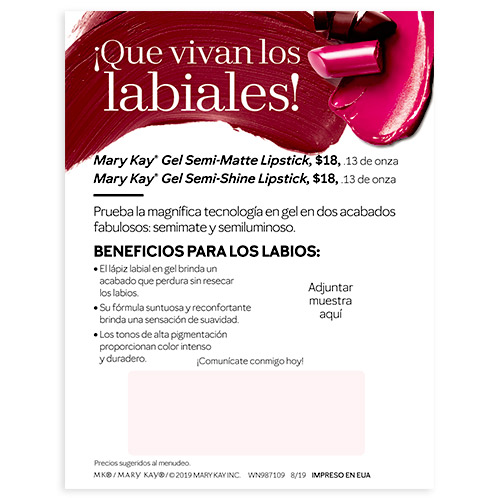NonPersonalized Mary Kay Gel Lipstick Sample Cards Spanish MKConnections